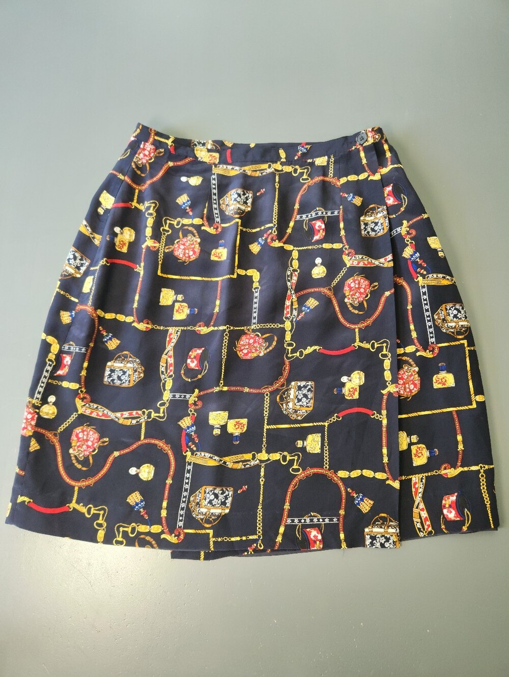 Petite Sophisticate Navy Midi Skirt with Gold Chain Print and Red Accents